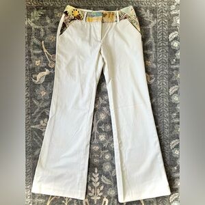Diane Von Furstenberg White Cotton Flared Pants with Silk Patterned Waistband